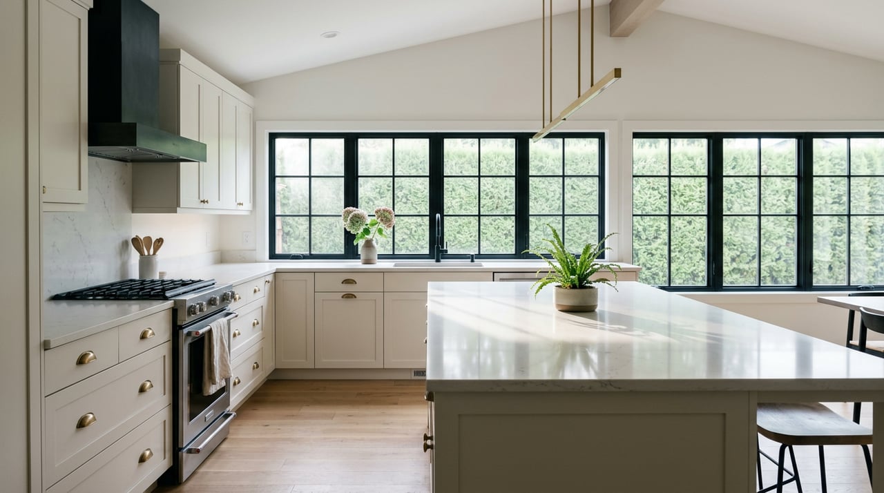 Vaulted kitchen with a veined quartz island, brass pendants, and black-framed windows overlooking a cedar hedge.