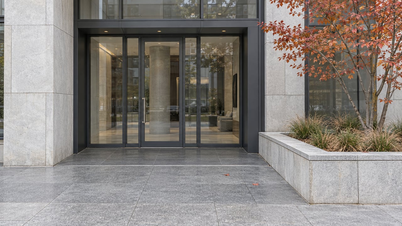 Contemporary glass condominium entrance with limestone cladding, granite paving and a serviceberry tree in a raised stone planter.