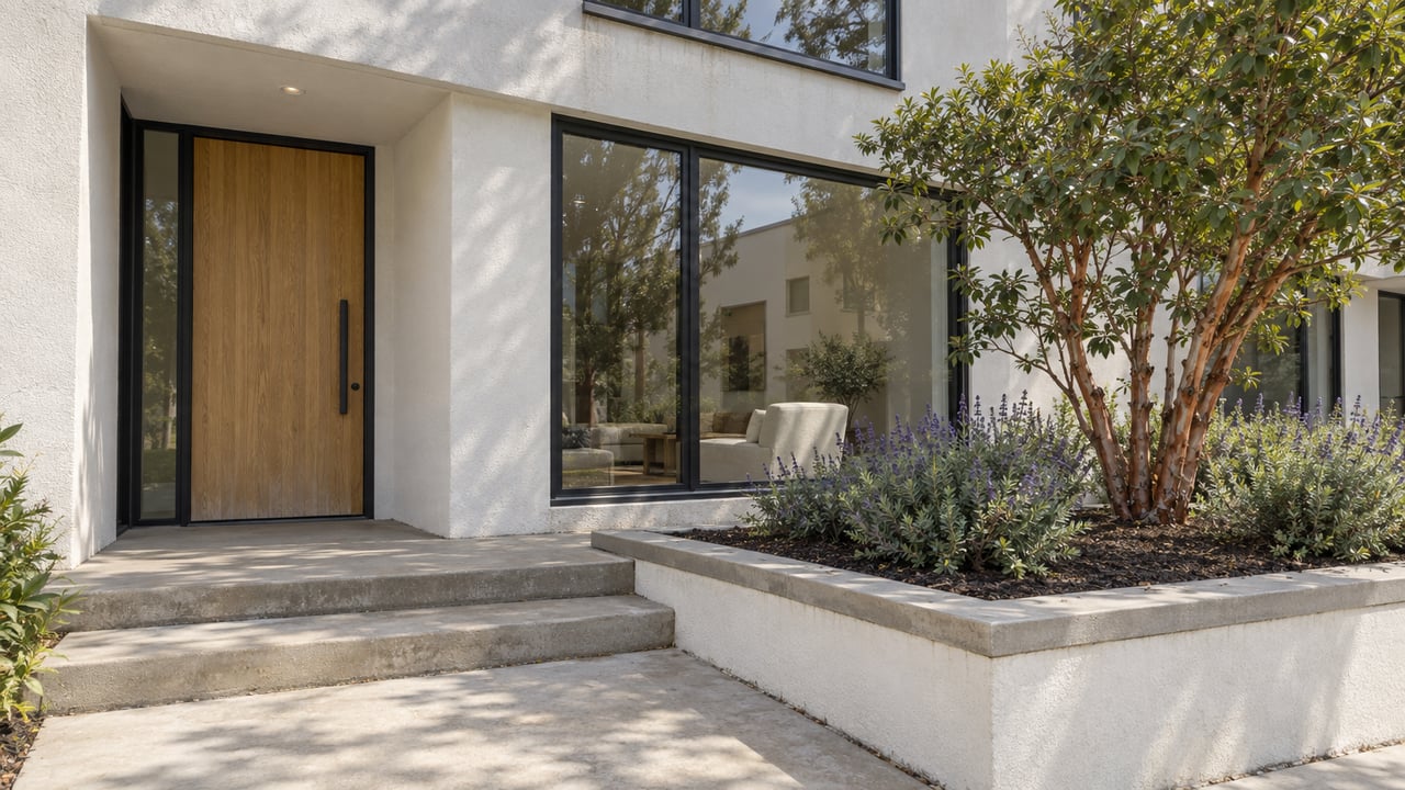 Modern stucco home entrance with a tall wood door, large windows, and landscaped garden.