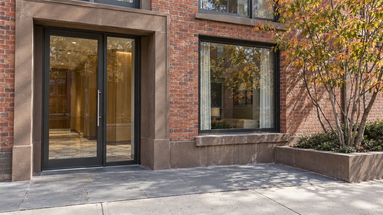 Sunlit red-brick condominium entrance with steel-framed glazing, bluestone paving and a raised serviceberry planter.