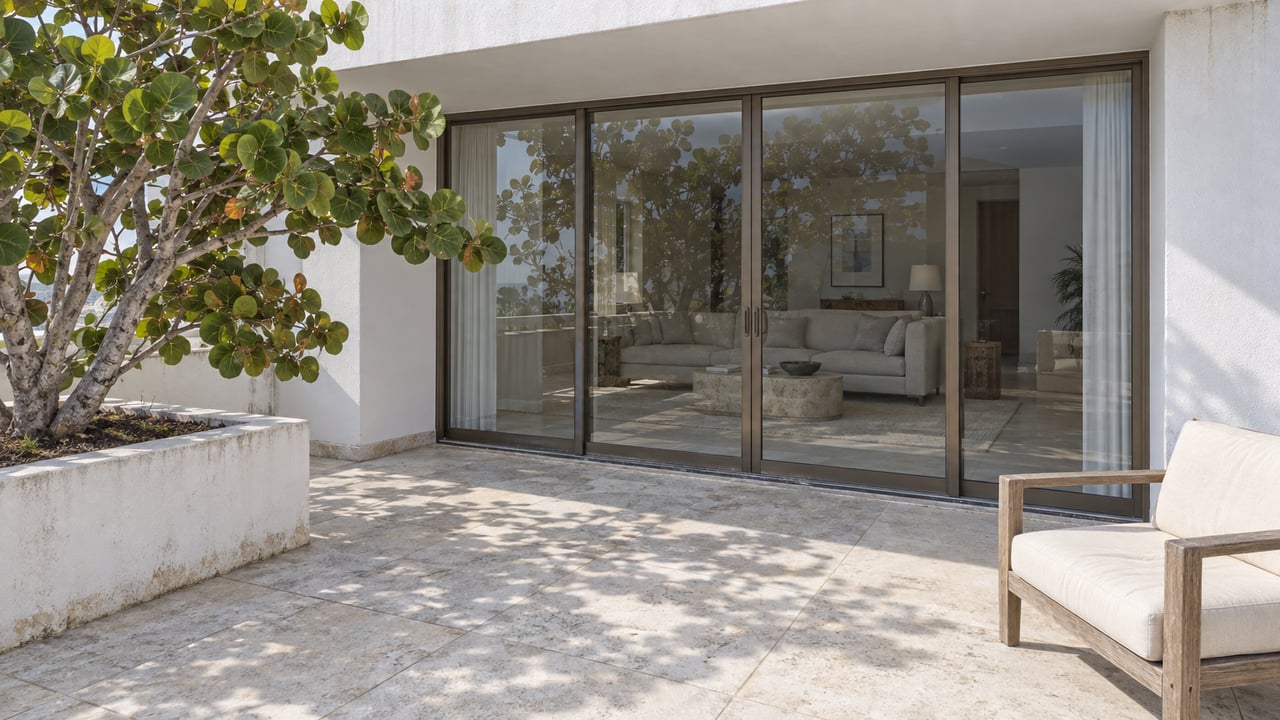 Sunlit limestone apartment terrace with closed glass doors, a sea grape tree in a raised planter, and a weathered teak chair.