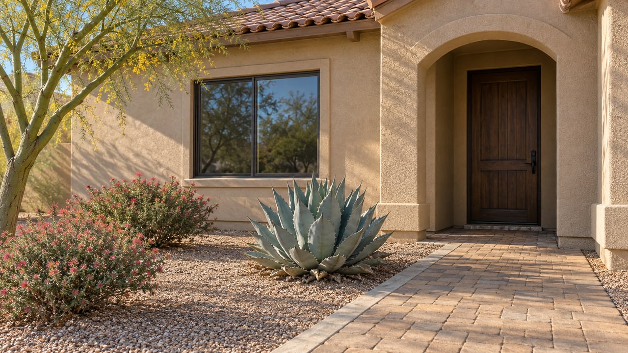 Morning light on a tan stucco home with a recessed arched entrance, clay tile roof, paver approach and blue-gray agave.