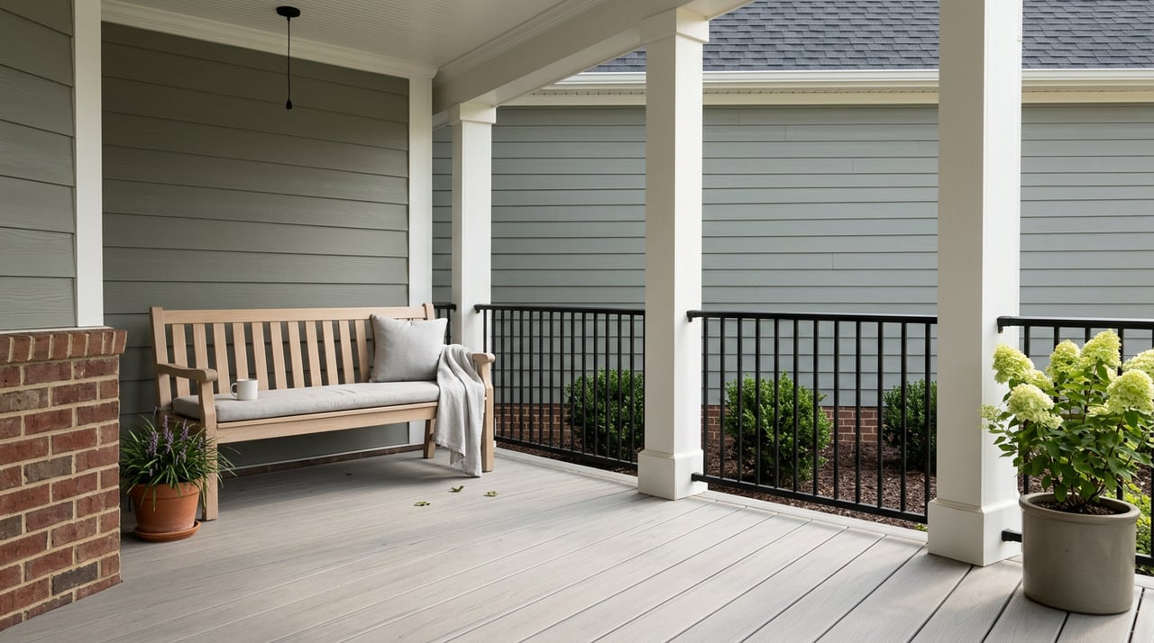 Covered porch with white posts, black railing, oak bench, gray cushion, potted hydrangea, and stoneware mug.