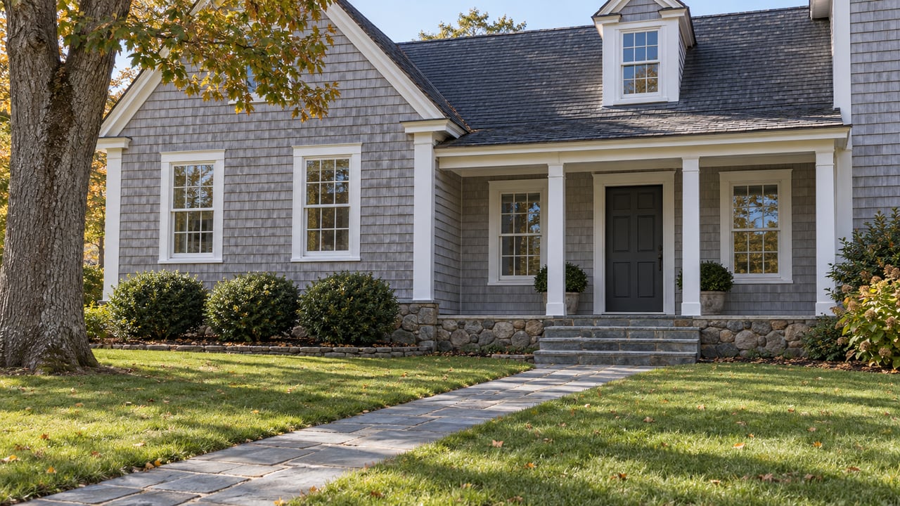 Weathered cedar-shingle home with white-trimmed windows, a recessed entry and bluestone walk across a broad autumn lawn.