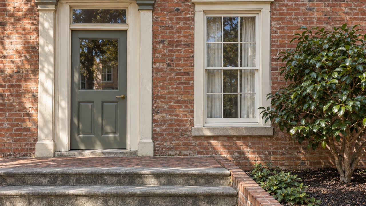 Restored brick home entrance with a gray-green door, cream sash window, worn stone steps and one glossy-leaved camellia.