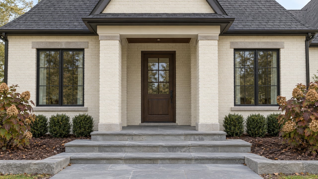 Cream brick home entrance with a dark oak door, paired black-framed windows, limestone steps and autumn oakleaf hydrangeas.