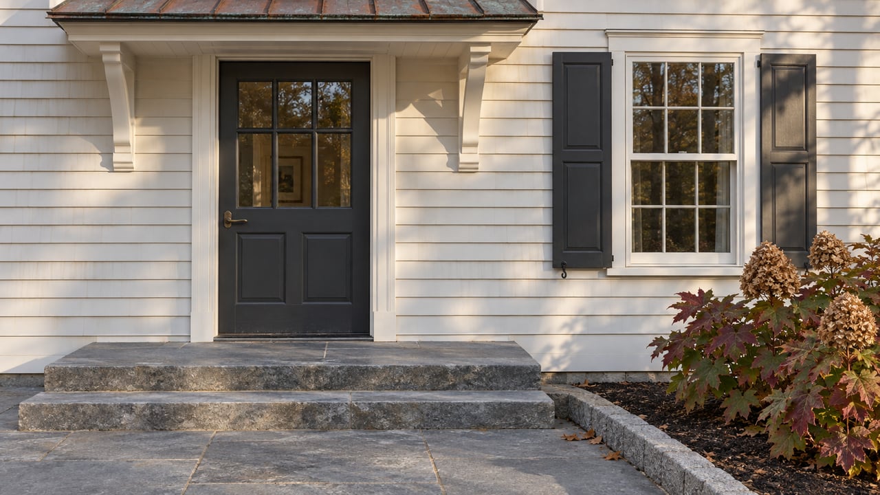 Warm-white clapboard home with a charcoal glazed side door, copper canopy, bluestone steps and burgundy oakleaf hydrangea.
