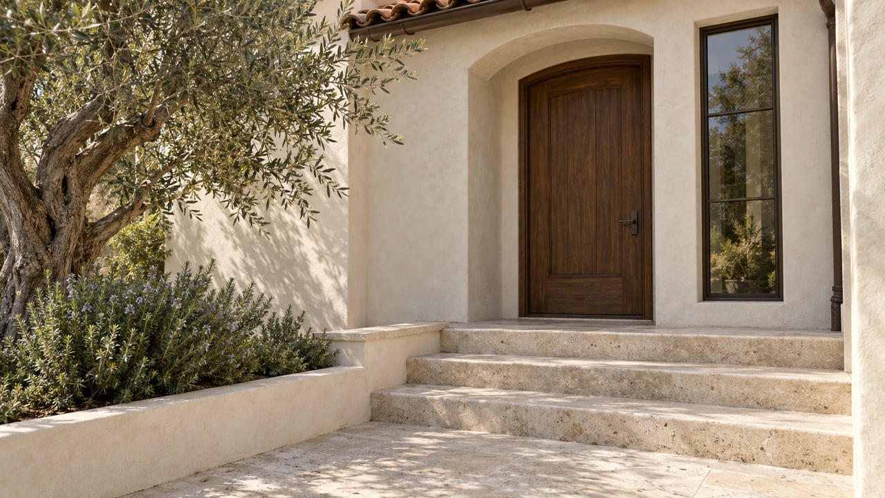 Cream stucco entry with a closed walnut door, limestone steps, and an olive tree in a raised planter.