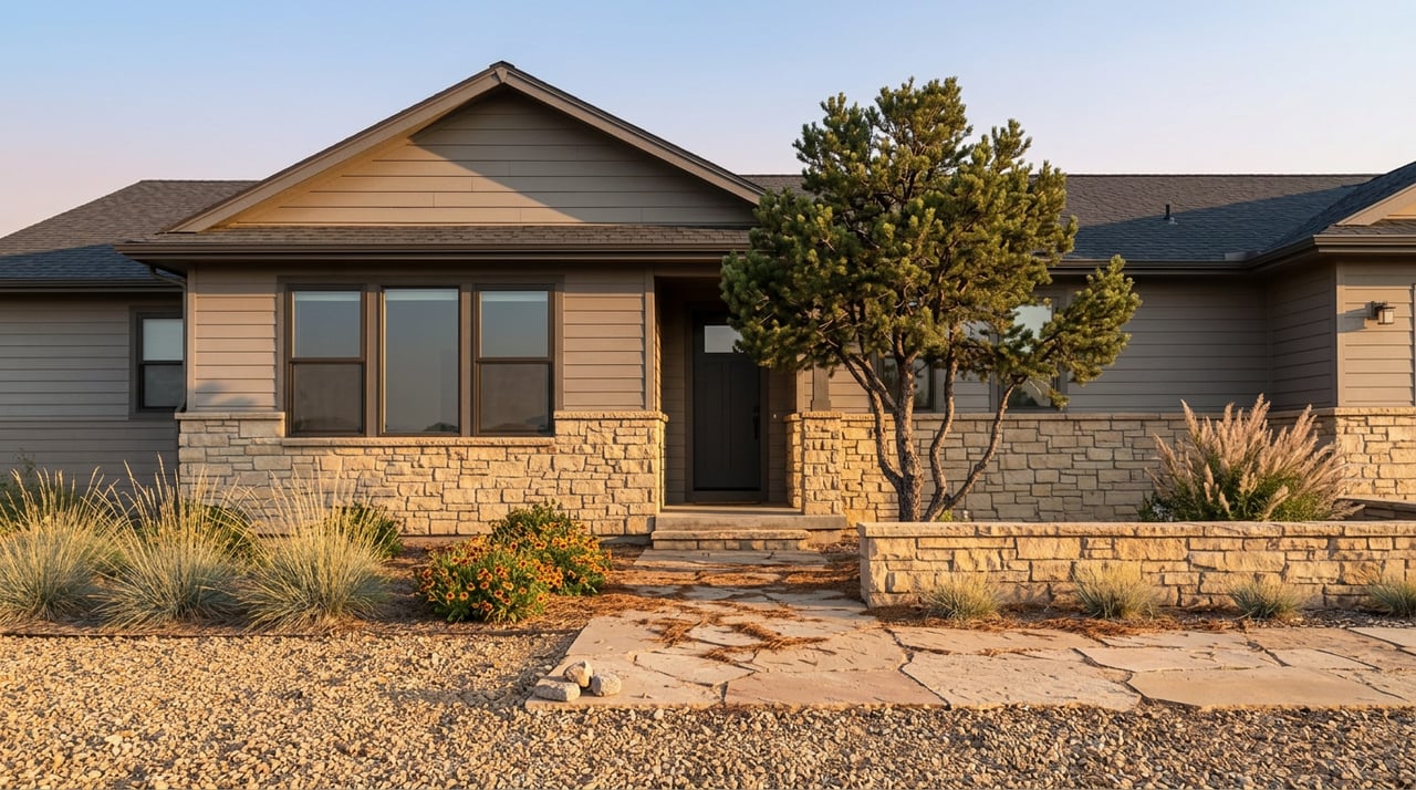 Single-story home with a sandstone facade, front gable, and pinyon pine beside a flagstone path.