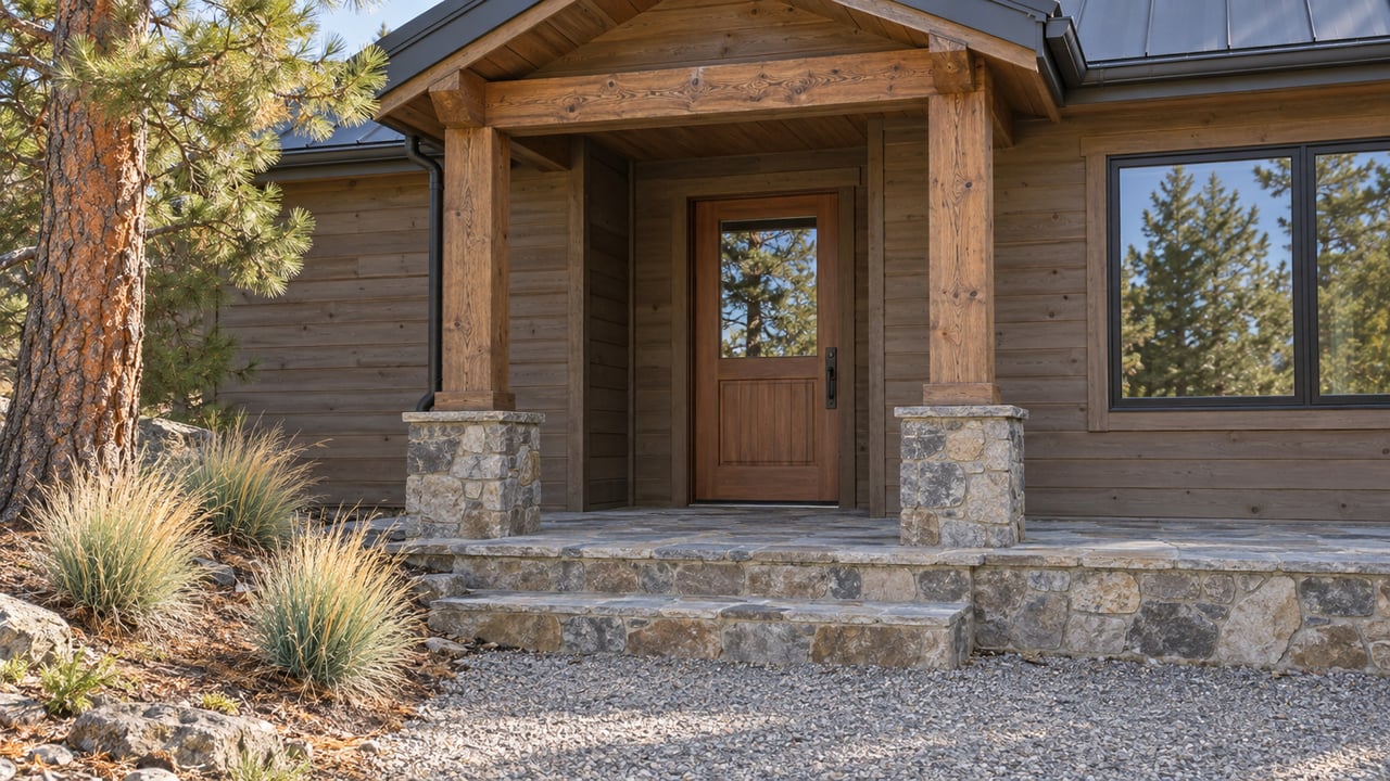 Timber-sided home's covered entry with stone steps, paired timber posts, and a mature ponderosa pine beside a gravel approach.