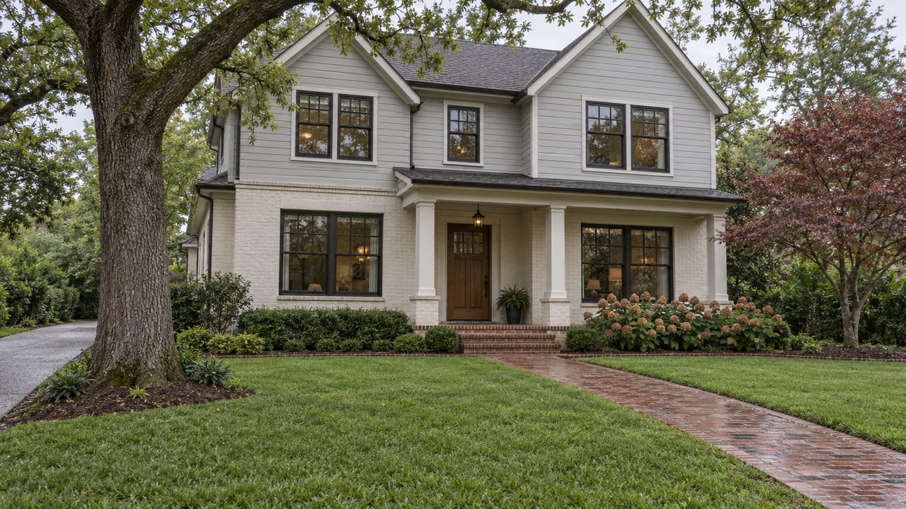 A two-story gabled home with pale siding, painted brick and a covered entry beyond a deep lawn and brick walkway, framed by mature trees.