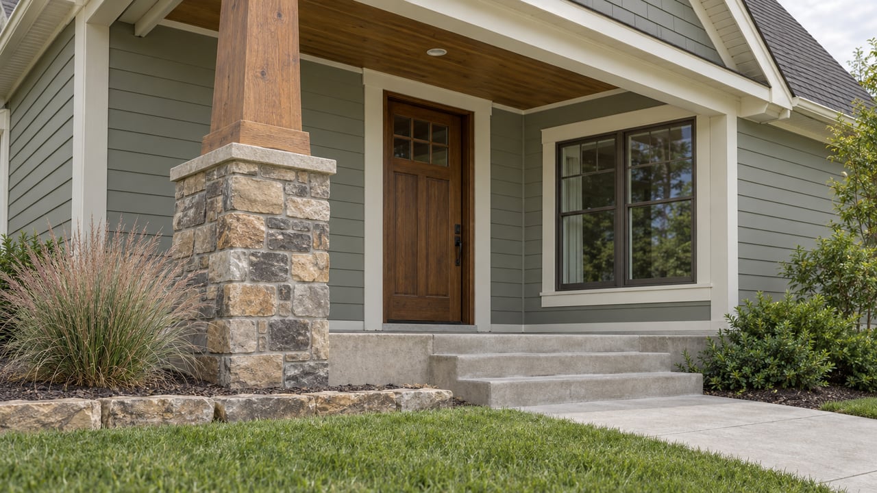 Sage-gray Craftsman home entry with stone porch pier, closed timber door, shallow steps, and a bluestem planting bed.