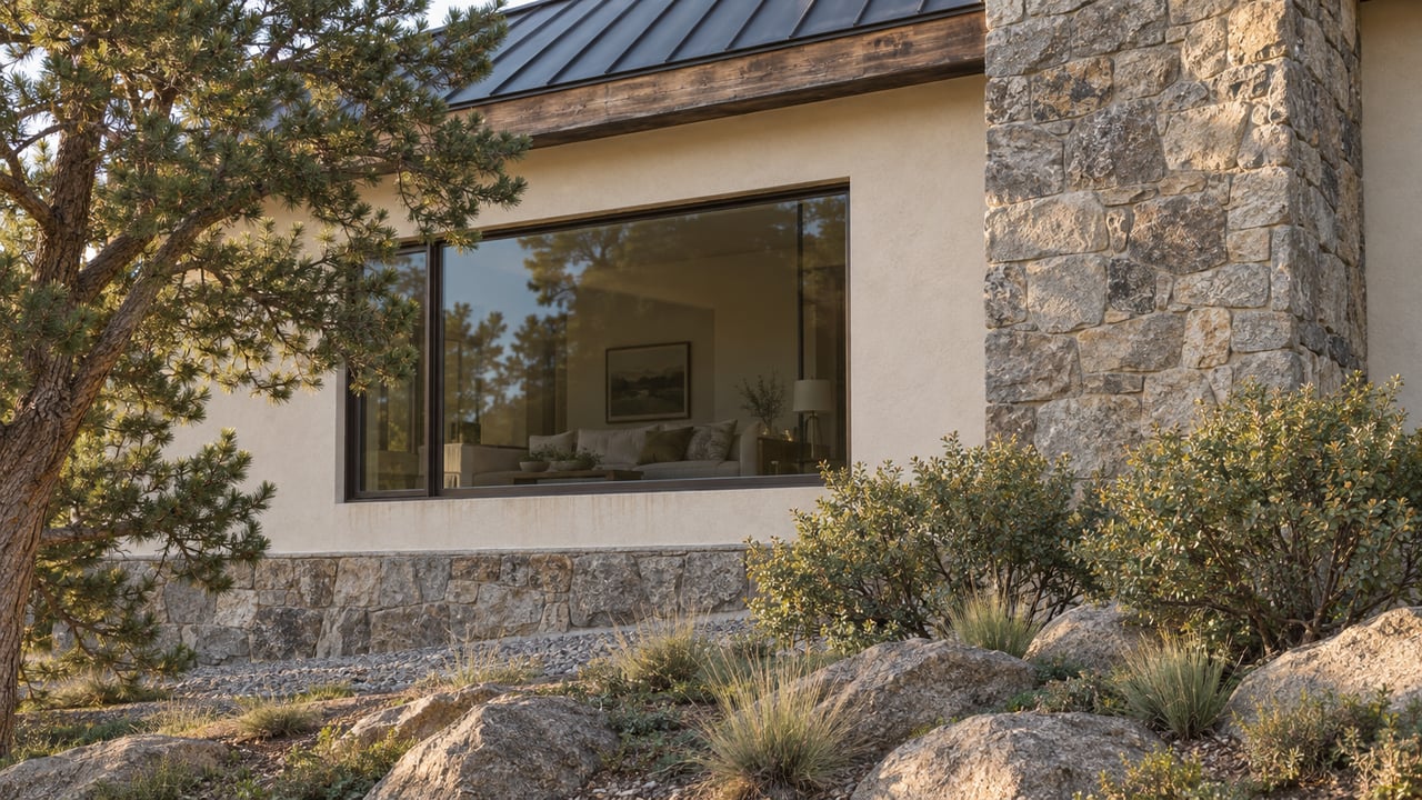 Cream-plaster house with a dark-framed window, stacked-stone chimney, and boulder-edged native planting.