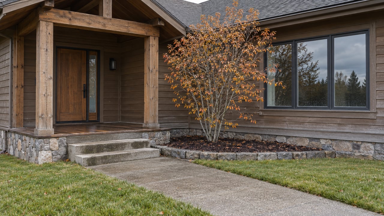 Timber-sided home with a covered wood entry, gray stone foundation, broad concrete steps and a bronze-leaved serviceberry beside the window.