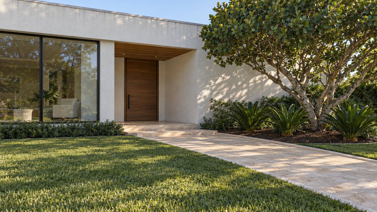 Sunlit white contemporary home with a recessed wood entry, pale limestone walk, broad lawn, and a sculptural tropical tree.