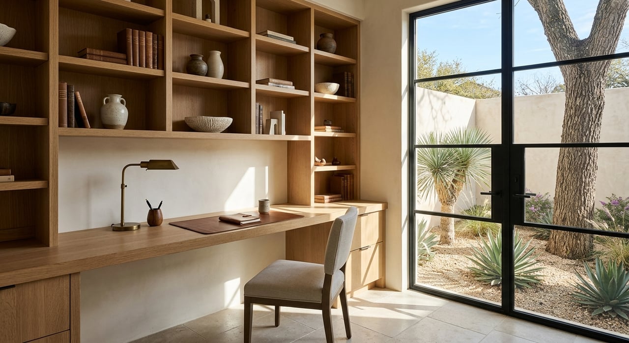 Oak built-in desk and shelving beside a steel casement window, with a leather chair and desert plants outside.