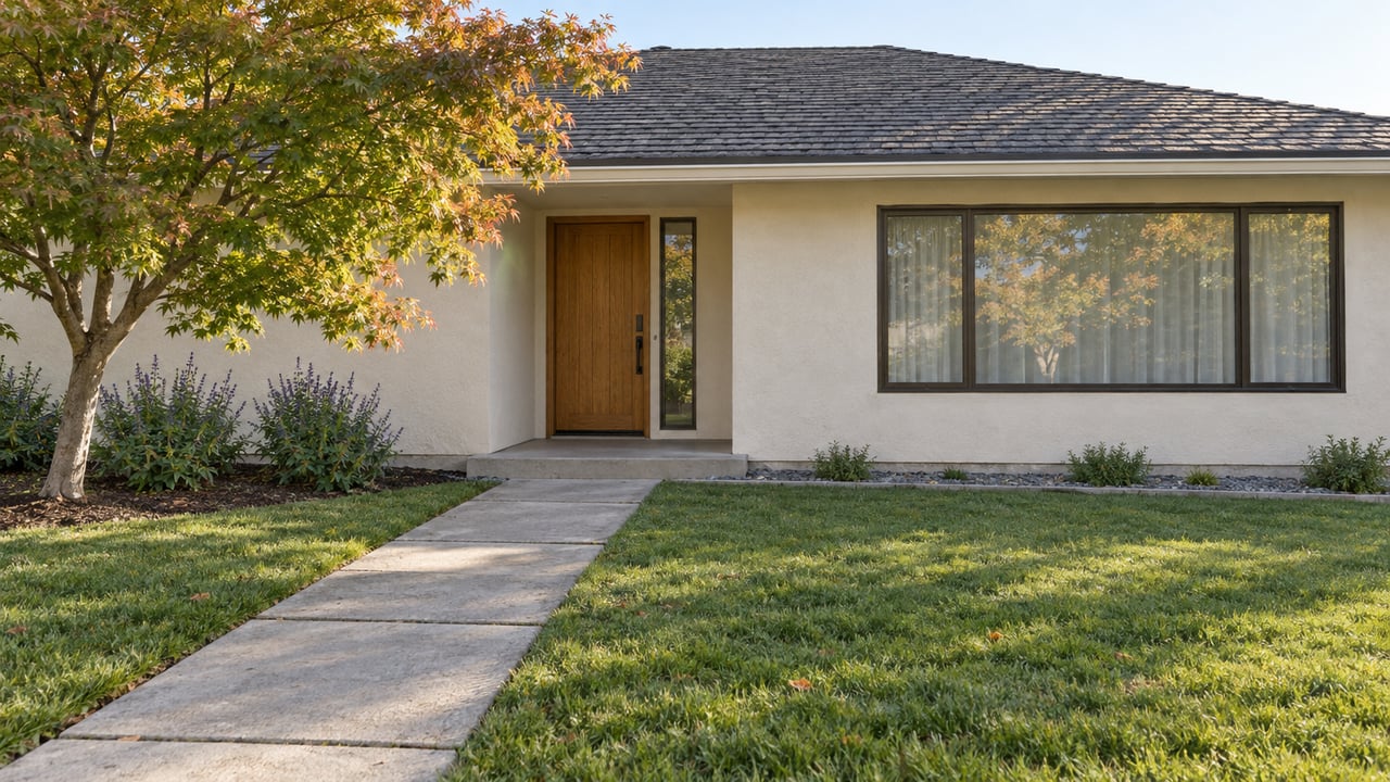 Remodeled ivory stucco ranch with broad windows, a concrete entry walk, deep lawn and a mature Japanese maple.