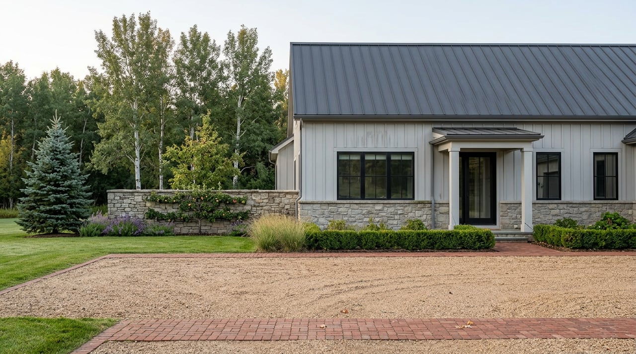 Farmhouse estate with gray board-and-batten siding, a fieldstone wall, and a gravel motor court.