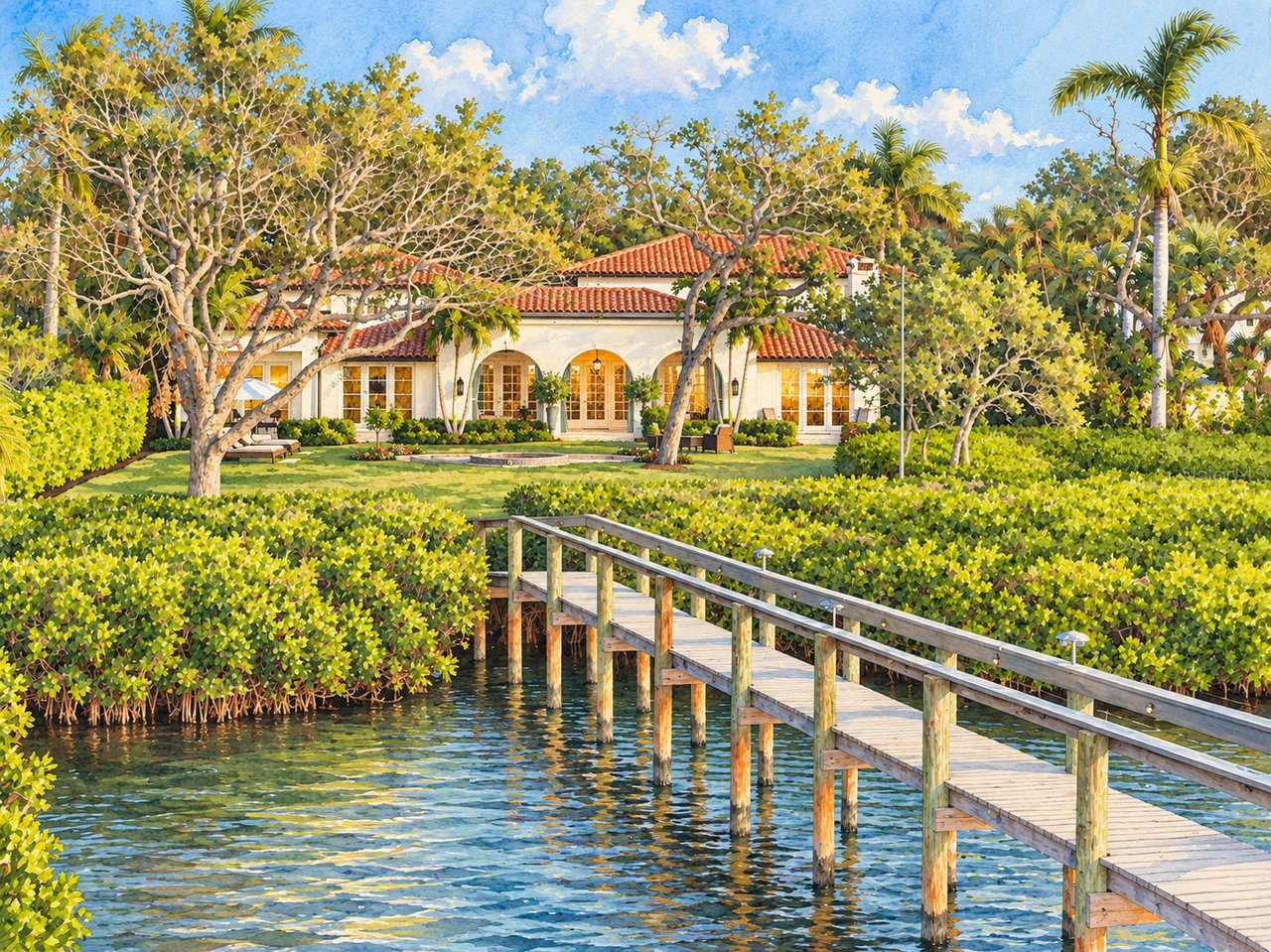 Waterfront home with a red tile roof and wooden dock amid tropical landscaping.