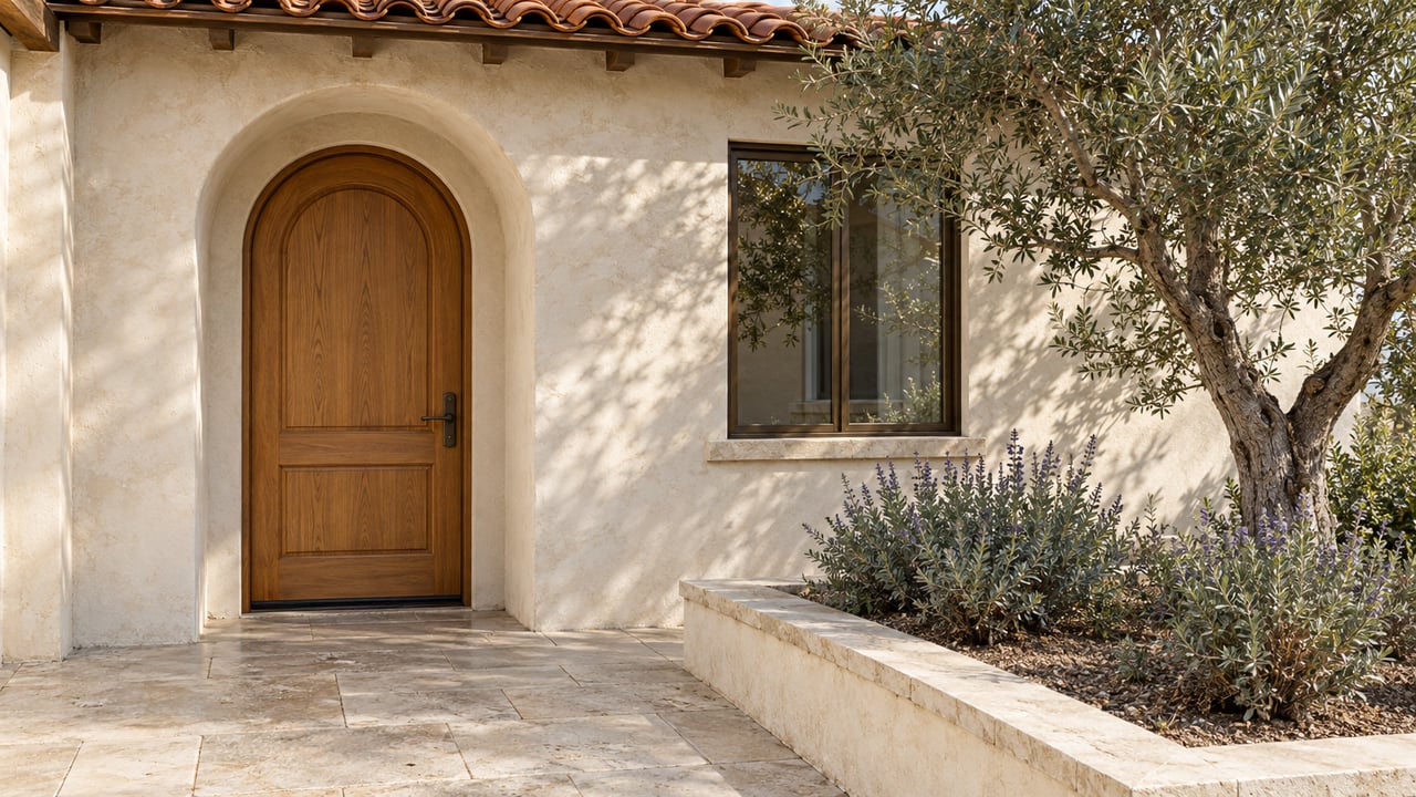 Sunlit stucco entrance with an arched oak door, terracotta eave, limestone landing and mature olive tree in a raised bed.