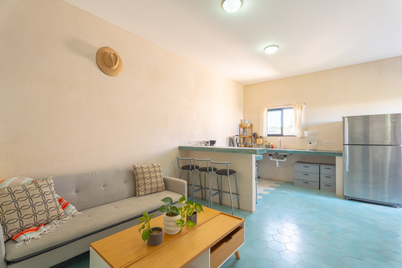 Main studio living room and kitchen at The Studio House in Villas de Cerritos with open layout and natural light in Cerritos, Baja California Sur.