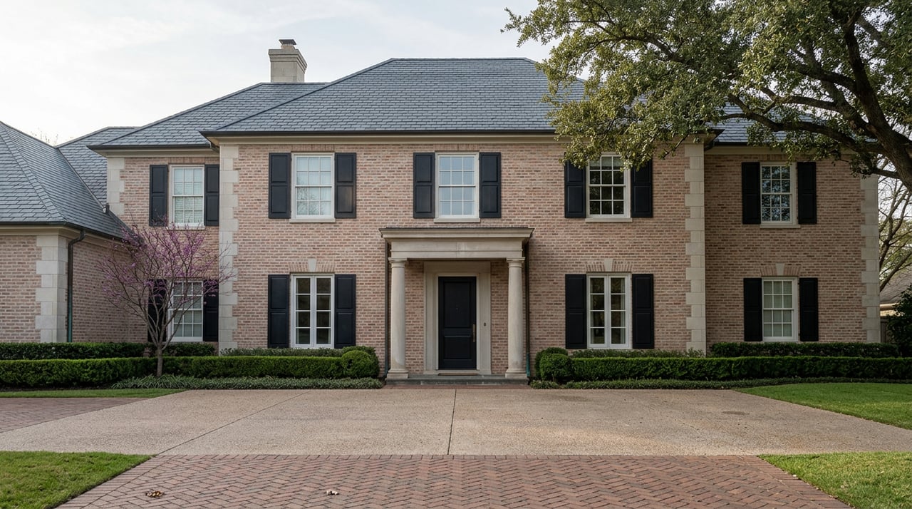 Two-story brick and stone estate with a covered portico, motor court, redbud, clipped boxwood, and live oak canopy.