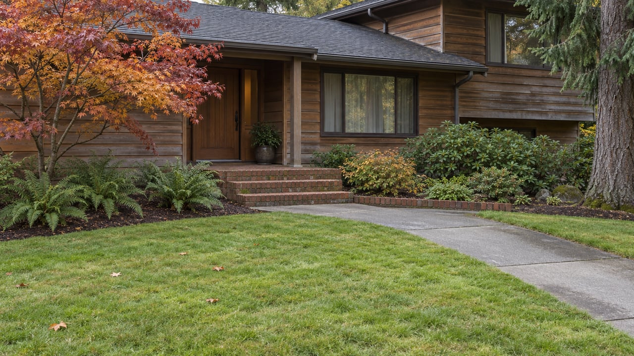 Cedar-sided split-level home with a brick entry, broad autumn lawn, vine maple and sword ferns in soft morning light.