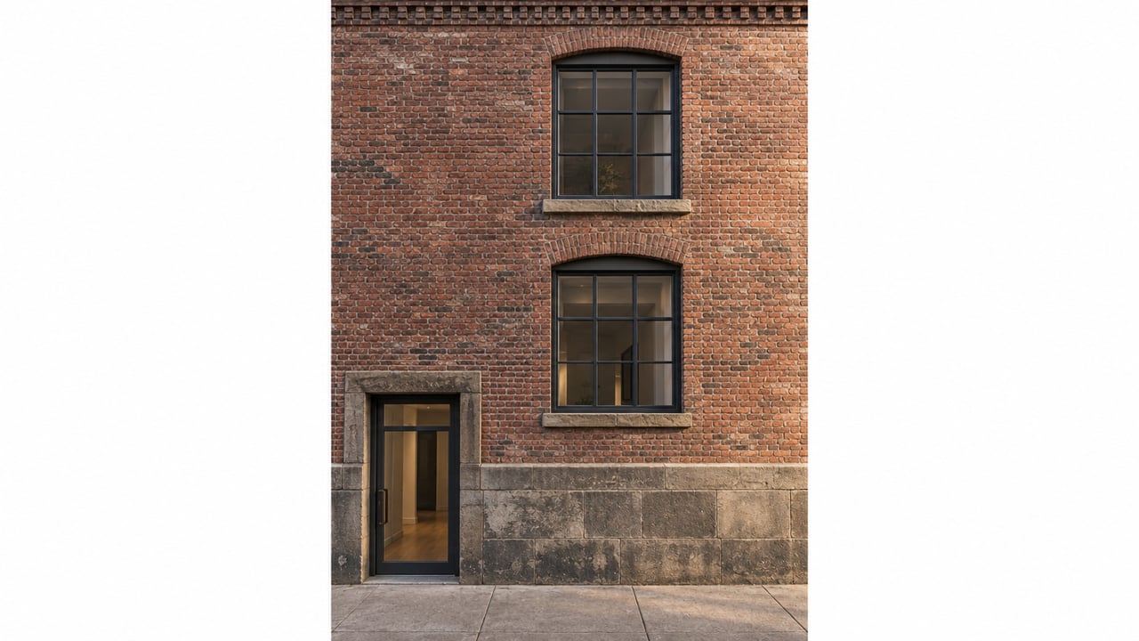 Aged red-brick loft facade with two stacked black-framed windows and a recessed glass entry.