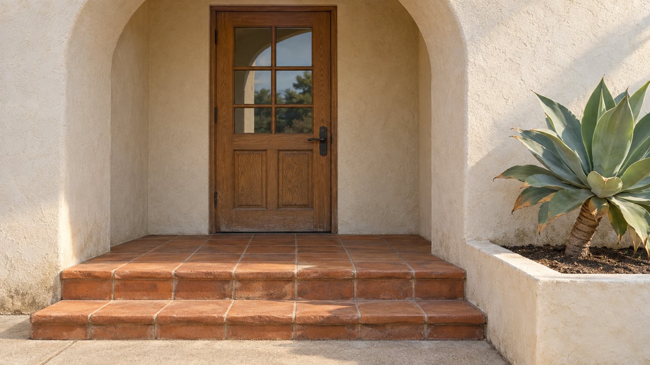 Recessed ivory stucco entrance with a divided-light oak door, worn terracotta steps, and a single blue-green agave in a raised bed.