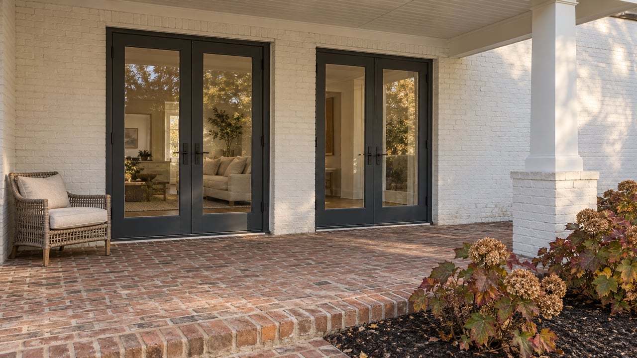 White painted-brick covered porch with charcoal French doors, a weathered brick terrace and autumn oakleaf hydrangeas.