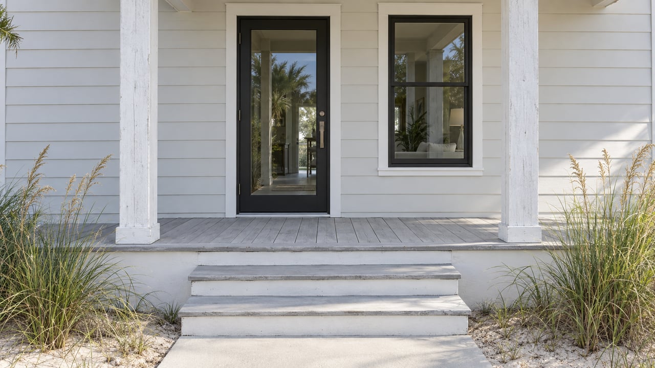 Raised coastal home entry with black-framed door and window, timber posts, broad steps, and dune grass in sand.
