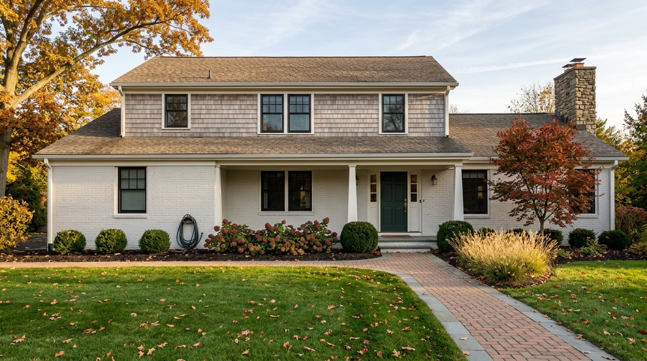 Two-story dove-white brick and cedar-shake house with a fieldstone chimney, curved brick walk, and autumn trees.