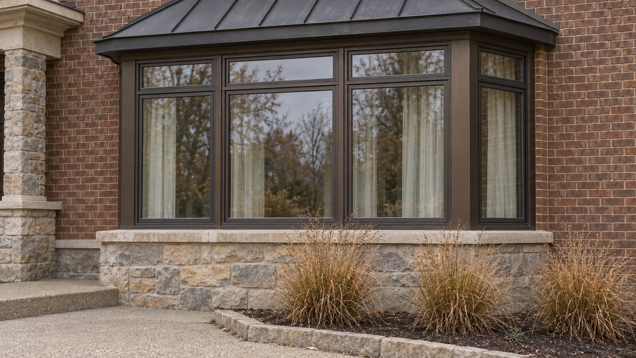 Close view of a brick home's bronze-framed bay window above a weathered stone base, with tawny prairie dropseed beside the front approach.