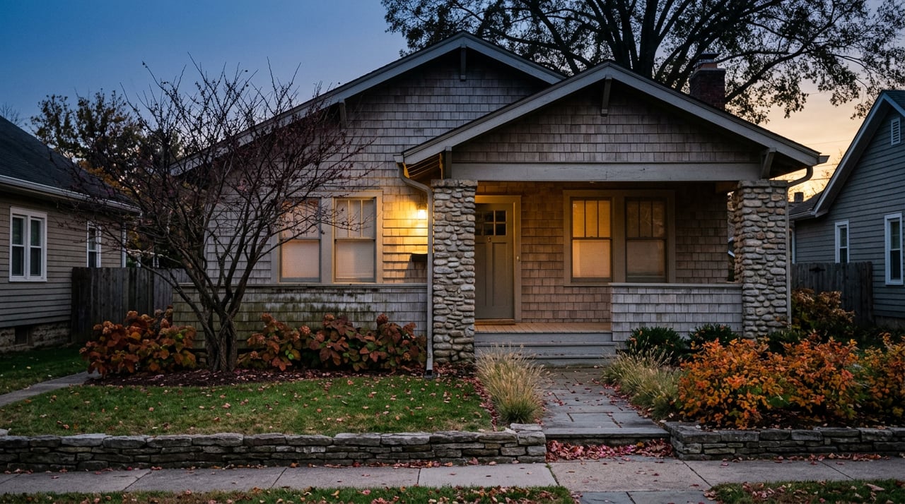 Gray-brown wood-sided home with stone porch piers, glowing windows, and a fall garden at dusk.
