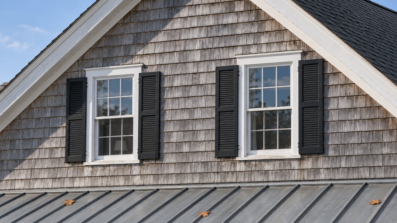 Weathered cedar-shingle gable with paired white-trimmed windows above a zinc-gray porch roof.