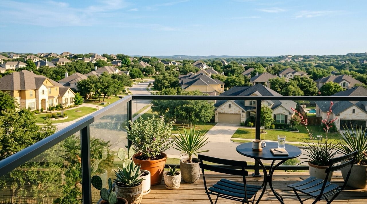 Apartment balcony looking out toward suburban single-family homes, owning versus renting in Austin