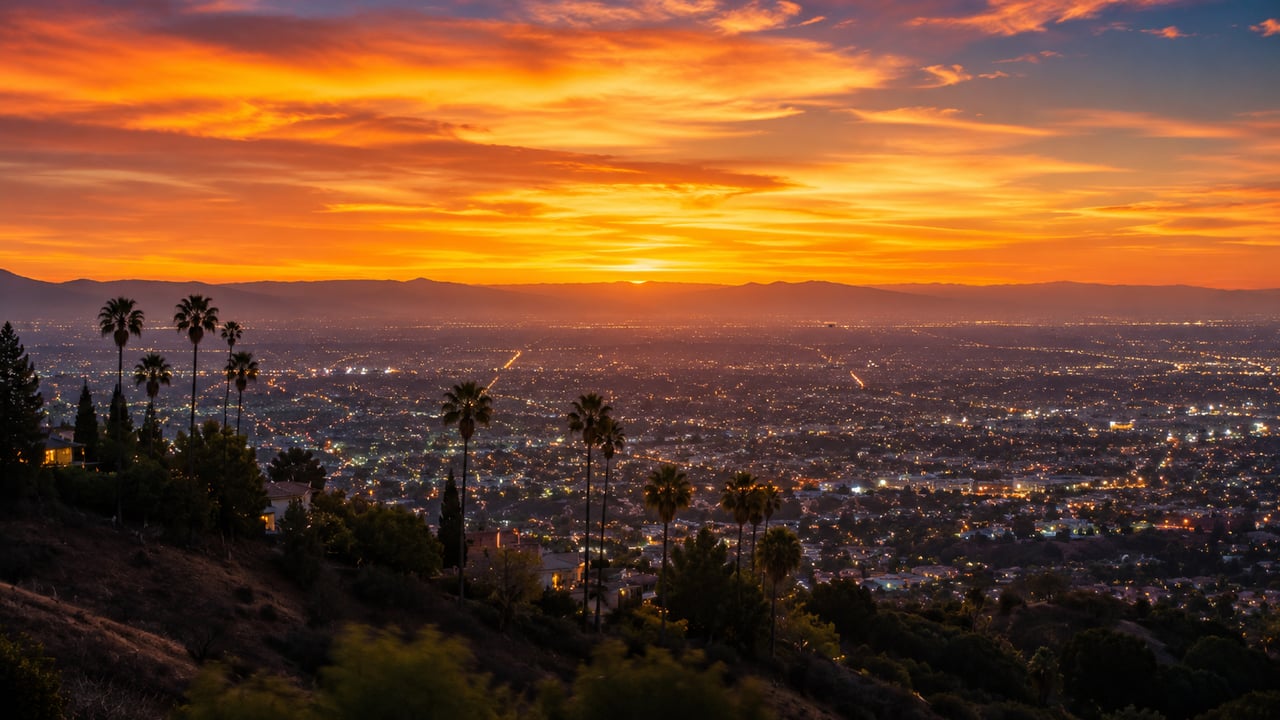 Panoramic sunset view of the San Fernando Valley from the hills - spring 2026 real estate market report