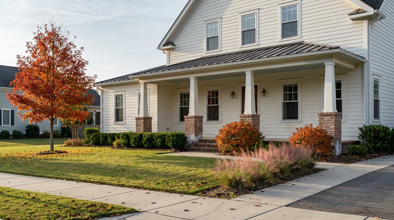 Two-story white-sided home with covered porch, scarlet-orange tree, pink muhly grass, and a walkway across the lawn.