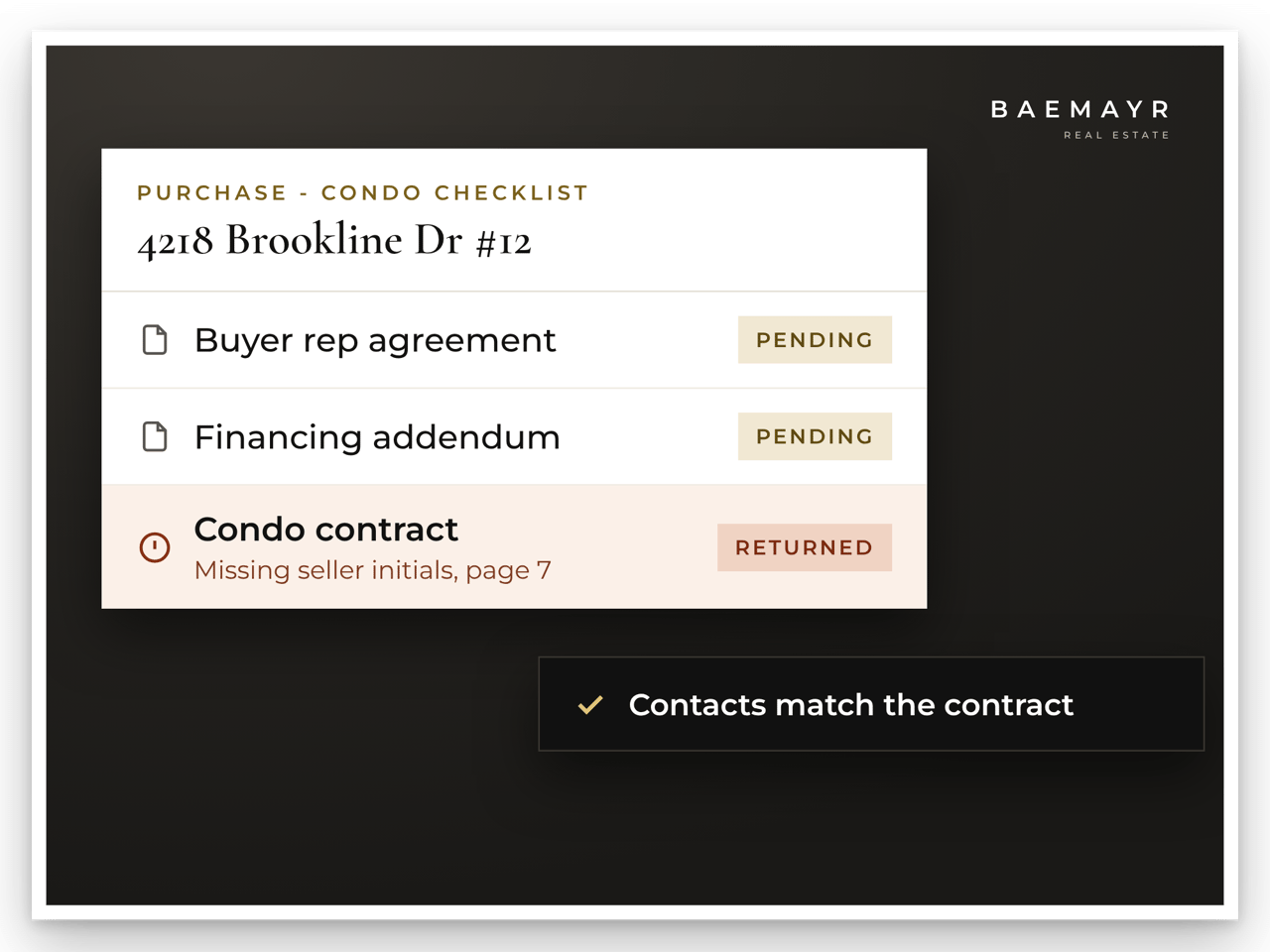 SkySlope purchase checklist mockup with documents pending broker review and one contract returned for missing initials