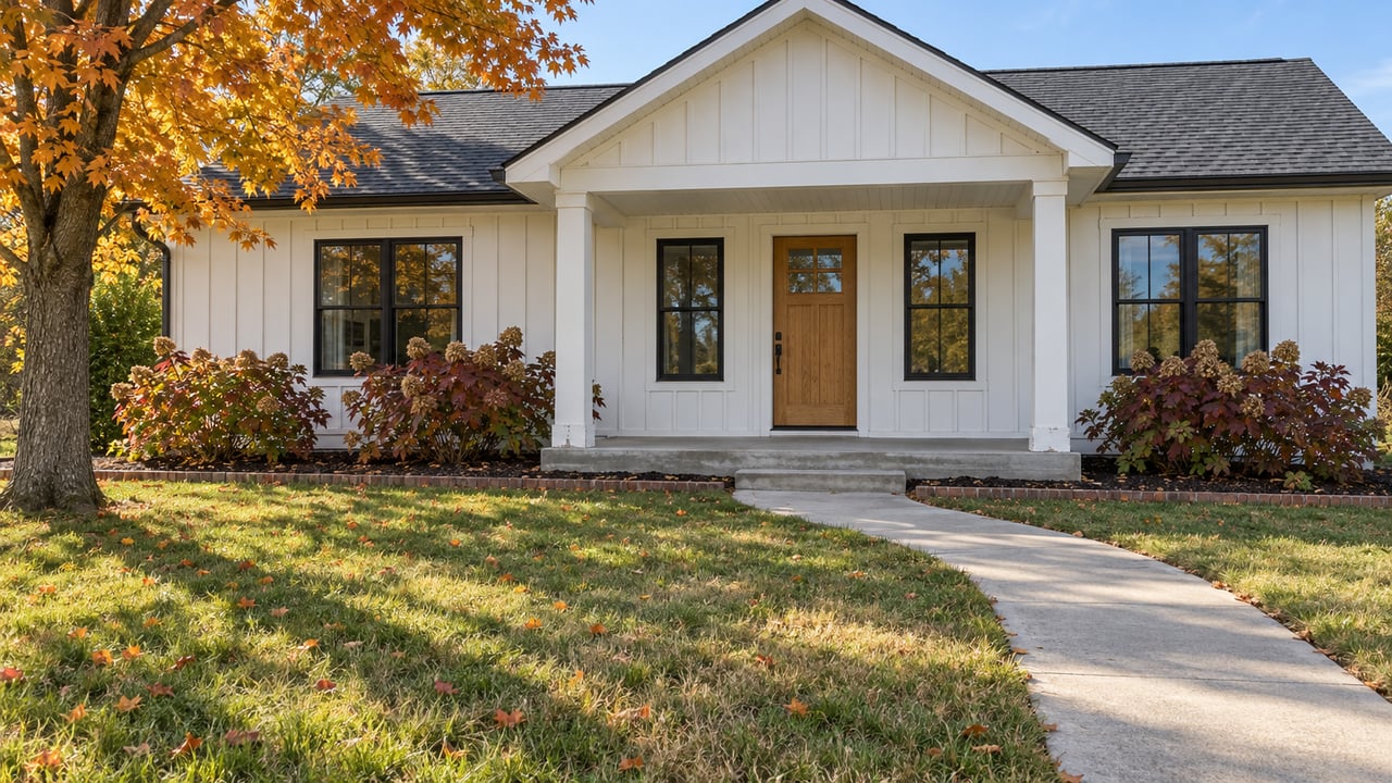 White board-and-batten home with a covered porch, black-framed windows, and an orange-gold maple beside a deep autumn lawn.