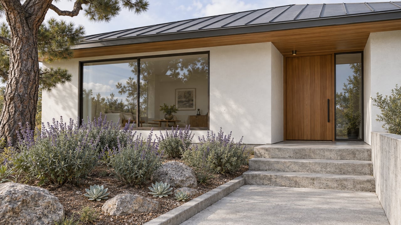 White stucco and cedar home with a recessed entrance, concrete steps and a sculptural pine beside drought-tolerant planting.