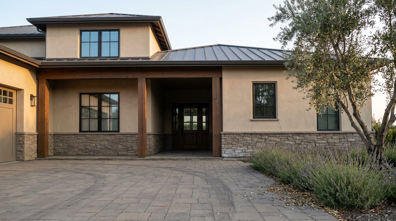 Two-story stucco estate with a stone entry, timber posts, paved motor court, lavender border, and olive tree.