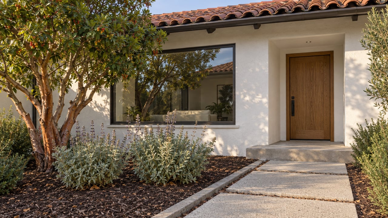 Warm-white stucco home with a terracotta roof, bronze-framed window and recessed oak door beyond a compact planted front garden.