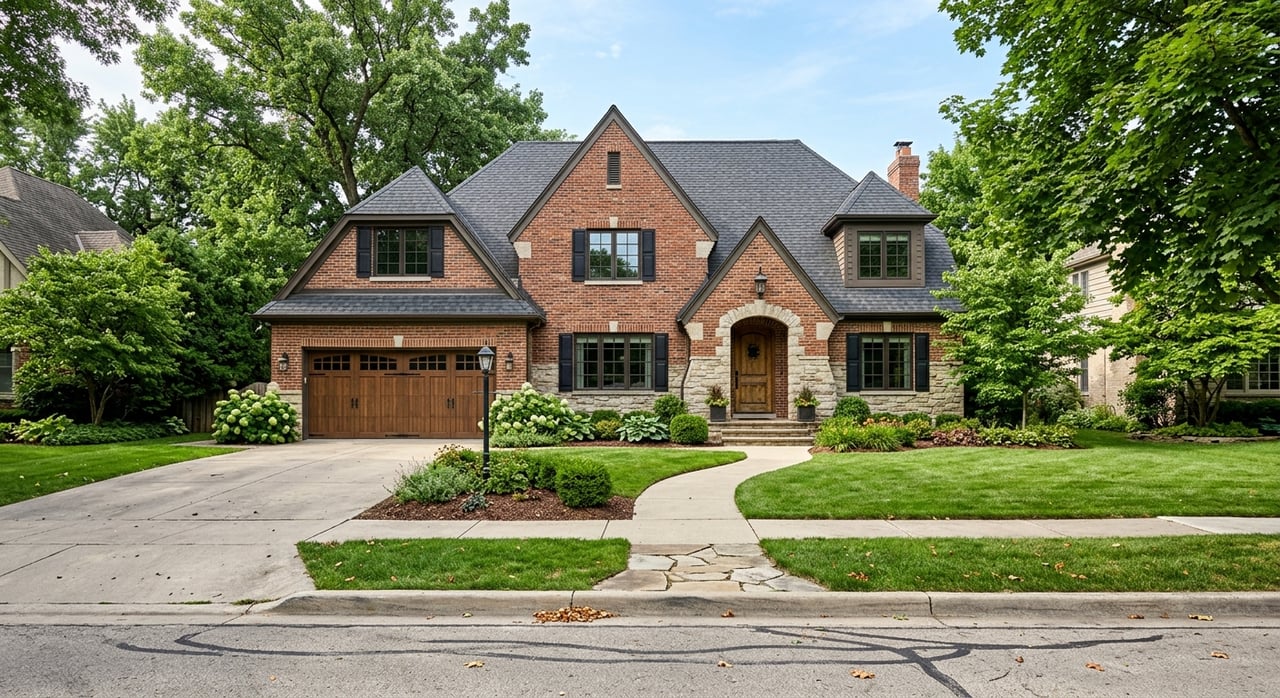 Red-brown brick house with front-facing garage, limestone entry arch, and clipped shrubs along the foundation.