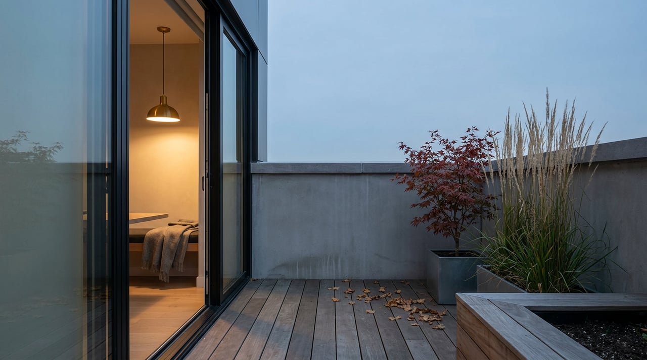 Terrace doorway reveals a nook with a lit brass pendant; planters hold maple and grasses.
