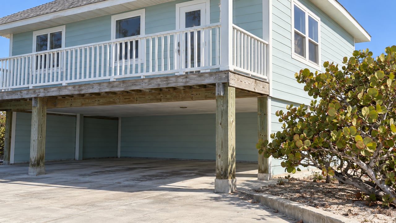 Pale-aqua elevated coastal house with a white-railed deck, open parking bay, and wind-shaped sea grape.