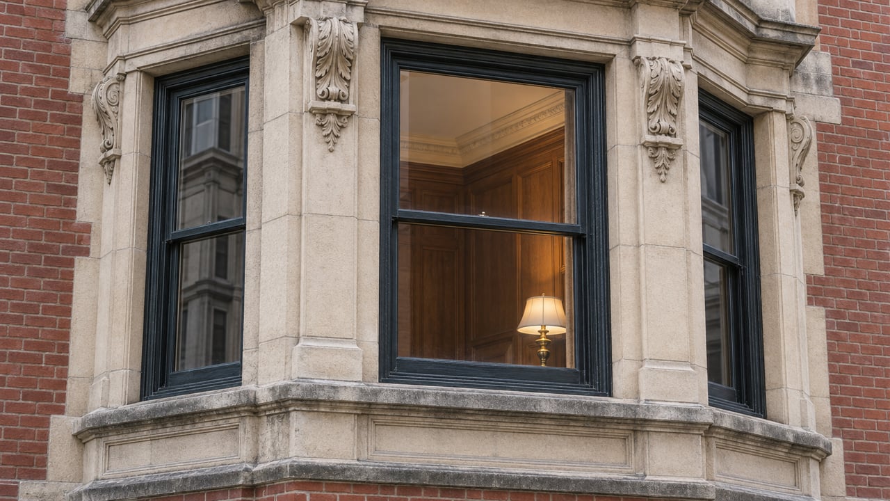 Carved limestone bay windows with dark timber sashes and a warm enclosed room behind the glass, set into an aged red-brick townhouse facade.
