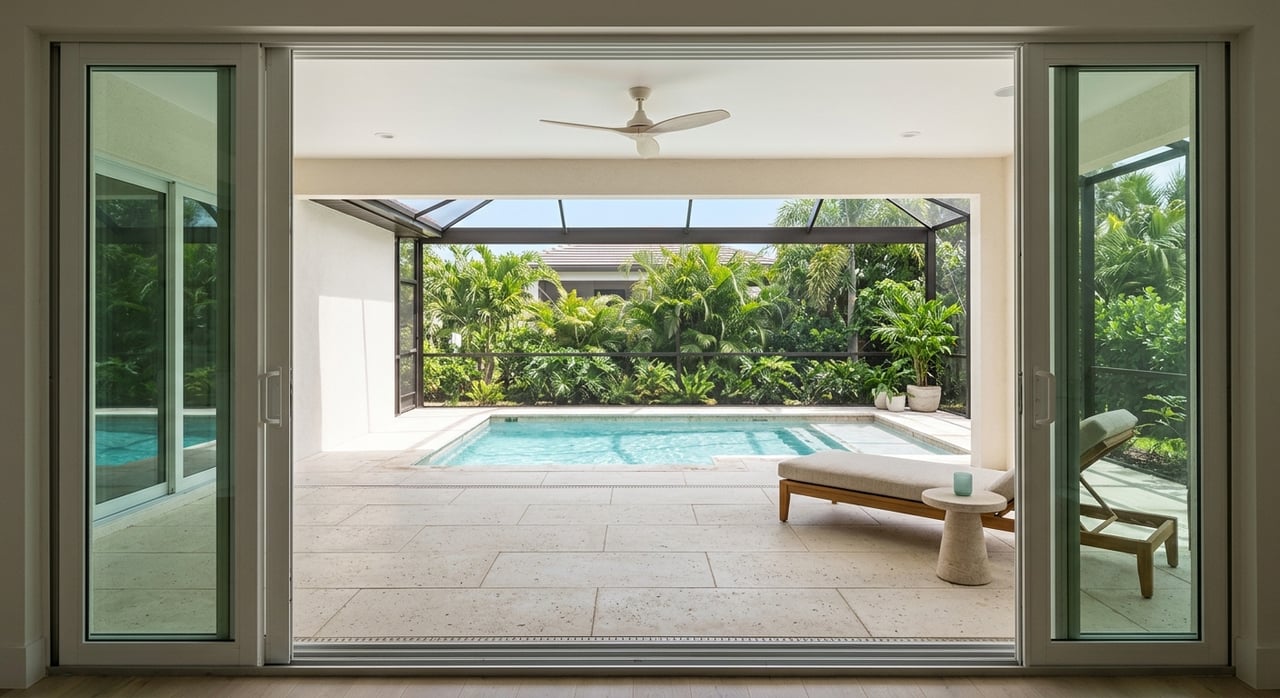 Modern lanai with shaded seating, sliding glass doors, and a centered plunge pool bordered by pale pavers.