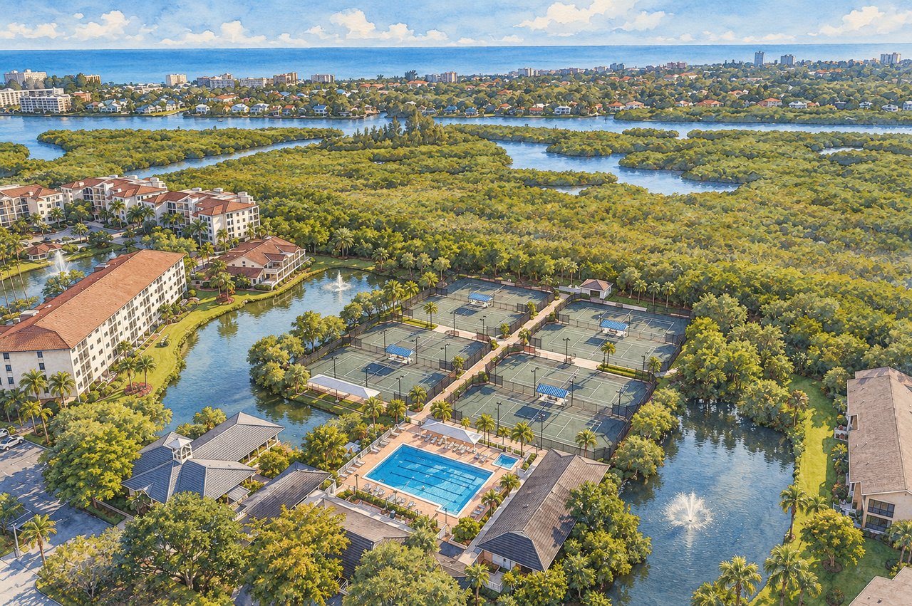 Aerial rendering of a coastal community with waterways, tennis courts, and a swimming pool.