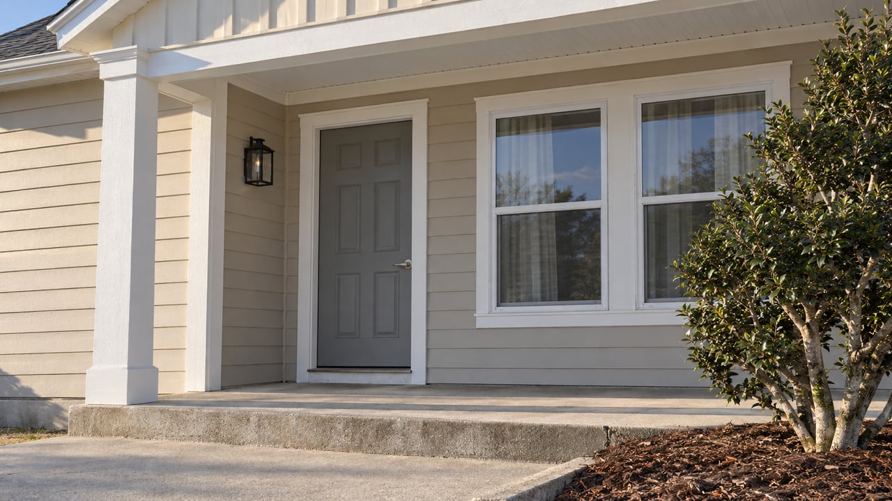 Sunlit shallow porch with pale lap siding, paired windows, a gray entry door and a sculptural yaupon holly beside concrete steps.